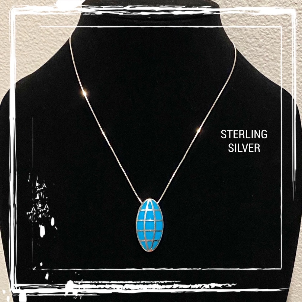 Turquoise Inlay Sterling Silver Oval Pendant Necklace